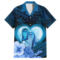 Dolphin Couple Love Story Valentine Day Family Matching Off Shoulder Maxi Dress and Hawaiian Shirt With Polynesian Tribal Tattoo Blue Style LT03 Dad's Shirt - Short Sleeve Blue - Polynesian Pride