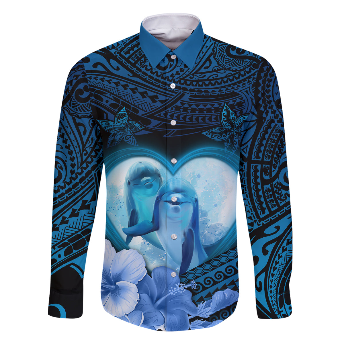 Dolphin Couple Love Story Valentine Day Family Matching Tank Maxi Dress and Hawaiian Shirt With Polynesian Tribal Tattoo Blue Style LT03 Dad's Shirt - Long Sleeve Blue - Polynesian Pride