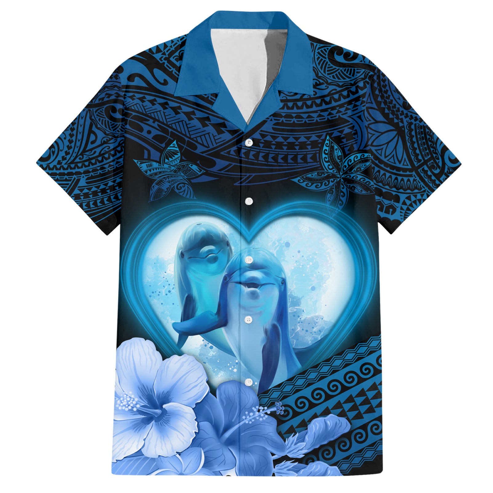 Dolphin Couple Love Story Valentine Day Hawaiian Shirt With Polynesian Tribal Tattoo Blue Style LT03 Blue - Polynesian Pride