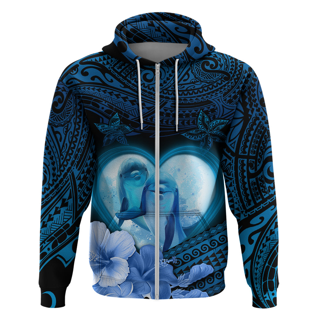 Dolphin Couple Love Story Valentine Day Zip Hoodie With Polynesian Tribal Tattoo Blue Style LT03 Zip Hoodie Blue - Polynesian Pride