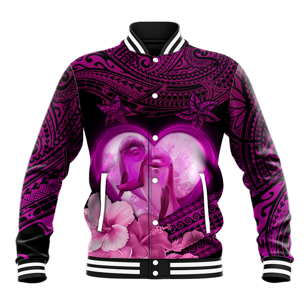 Dolphin Couple Love Story Valentine Day Baseball Jacket With Polynesian Tribal Tattoo Pink Style LT03 Unisex Pink - Polynesian Pride