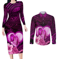 Dolphin Couple Love Story Valentine Day Couples Matching Long Sleeve Bodycon Dress and Long Sleeve Button Shirt With Polynesian Tribal Tattoo Pink Style LT03 Pink - Polynesian Pride