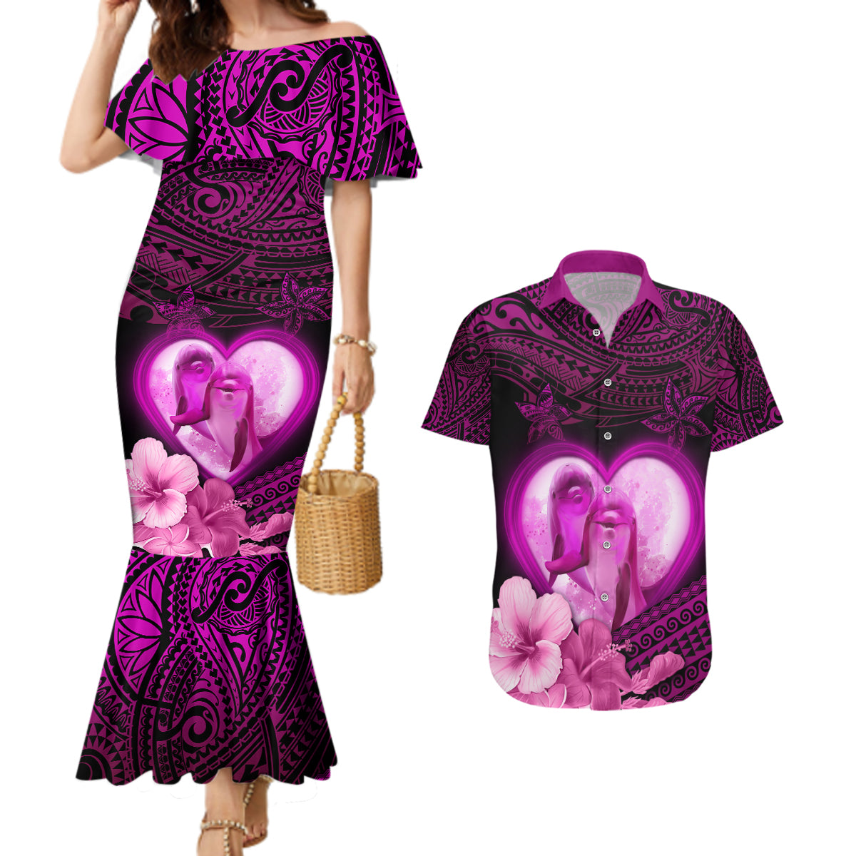 Dolphin Couple Love Story Valentine Day Couples Matching Mermaid Dress and Hawaiian Shirt With Polynesian Tribal Tattoo Pink Style LT03 Pink - Polynesian Pride