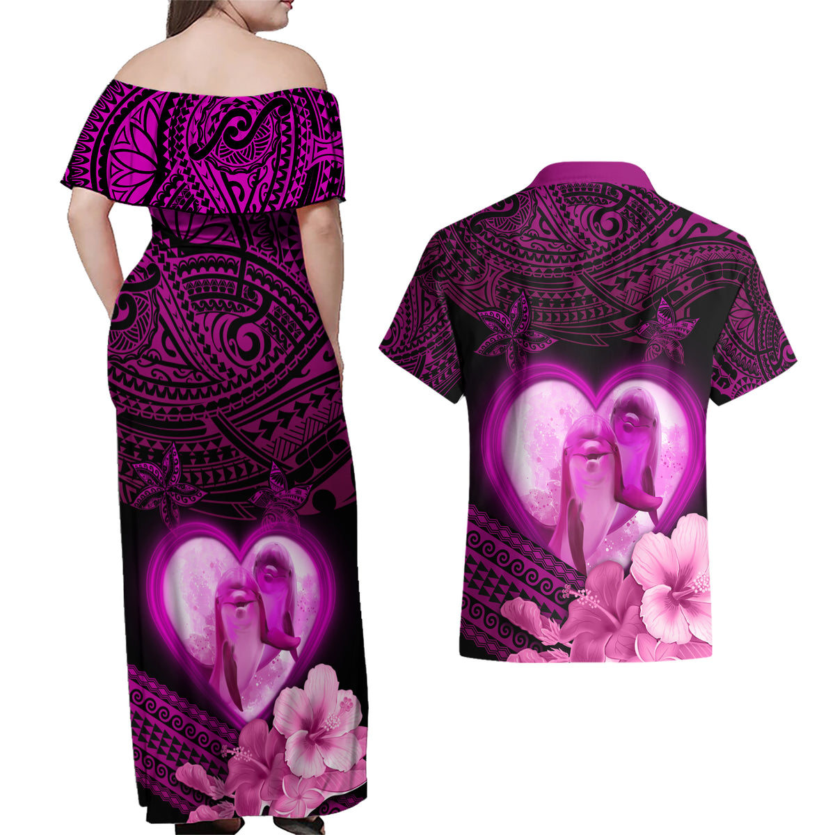 Dolphin Couple Love Story Valentine Day Couples Matching Off Shoulder Maxi Dress and Hawaiian Shirt With Polynesian Tribal Tattoo Pink Style LT03 - Polynesian Pride