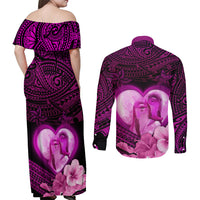 Dolphin Couple Love Story Valentine Day Couples Matching Off Shoulder Maxi Dress and Long Sleeve Button Shirt With Polynesian Tribal Tattoo Pink Style LT03 - Polynesian Pride