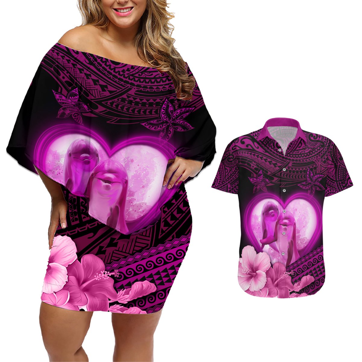 Dolphin Couple Love Story Valentine Day Couples Matching Off Shoulder Short Dress and Hawaiian Shirt With Polynesian Tribal Tattoo Pink Style LT03 Pink - Polynesian Pride