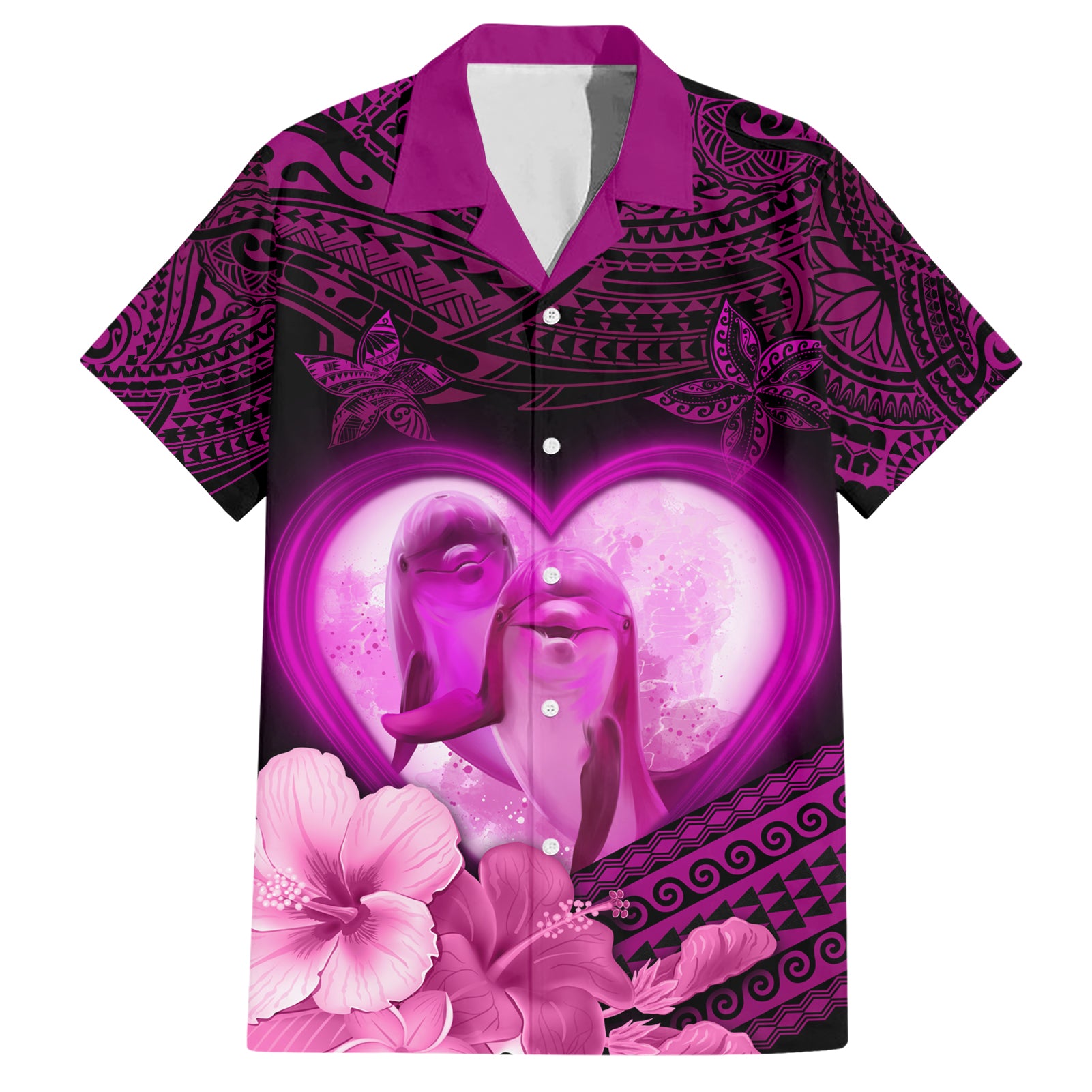 Dolphin Couple Love Story Valentine Day Hawaiian Shirt With Polynesian Tribal Tattoo Pink Style LT03 Pink - Polynesian Pride