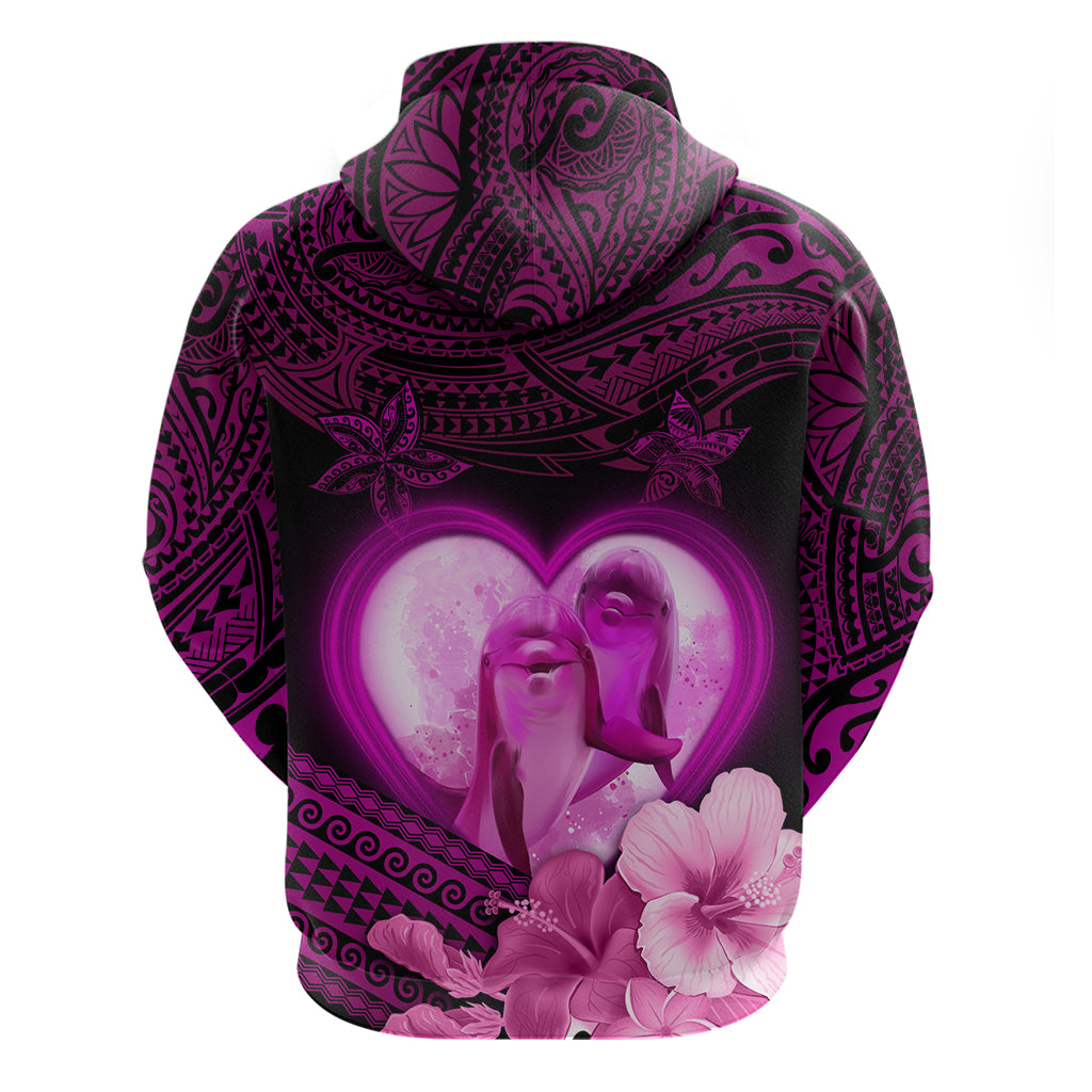 Dolphin Couple Love Story Valentine Day Zip Hoodie With Polynesian Tribal Tattoo Pink Style LT03 - Polynesian Pride