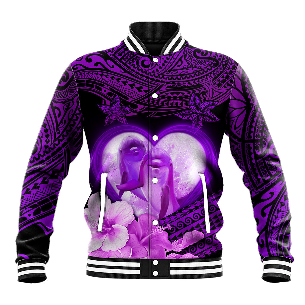 Dolphin Couple Love Story Valentine Day Baseball Jacket With Polynesian Tribal Tattoo Purple Style LT03 Unisex Purple - Polynesian Pride
