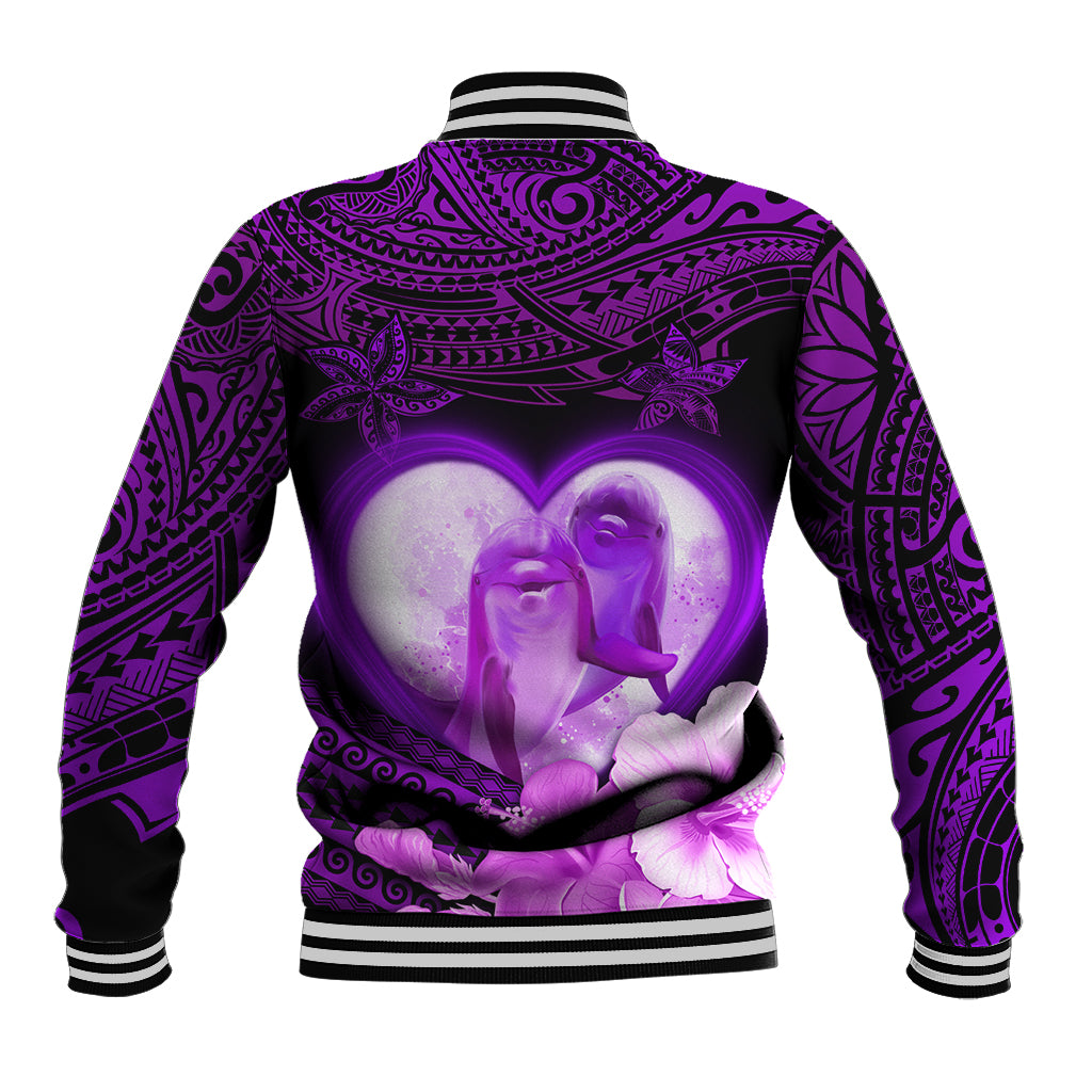 Dolphin Couple Love Story Valentine Day Baseball Jacket With Polynesian Tribal Tattoo Purple Style LT03 - Polynesian Pride