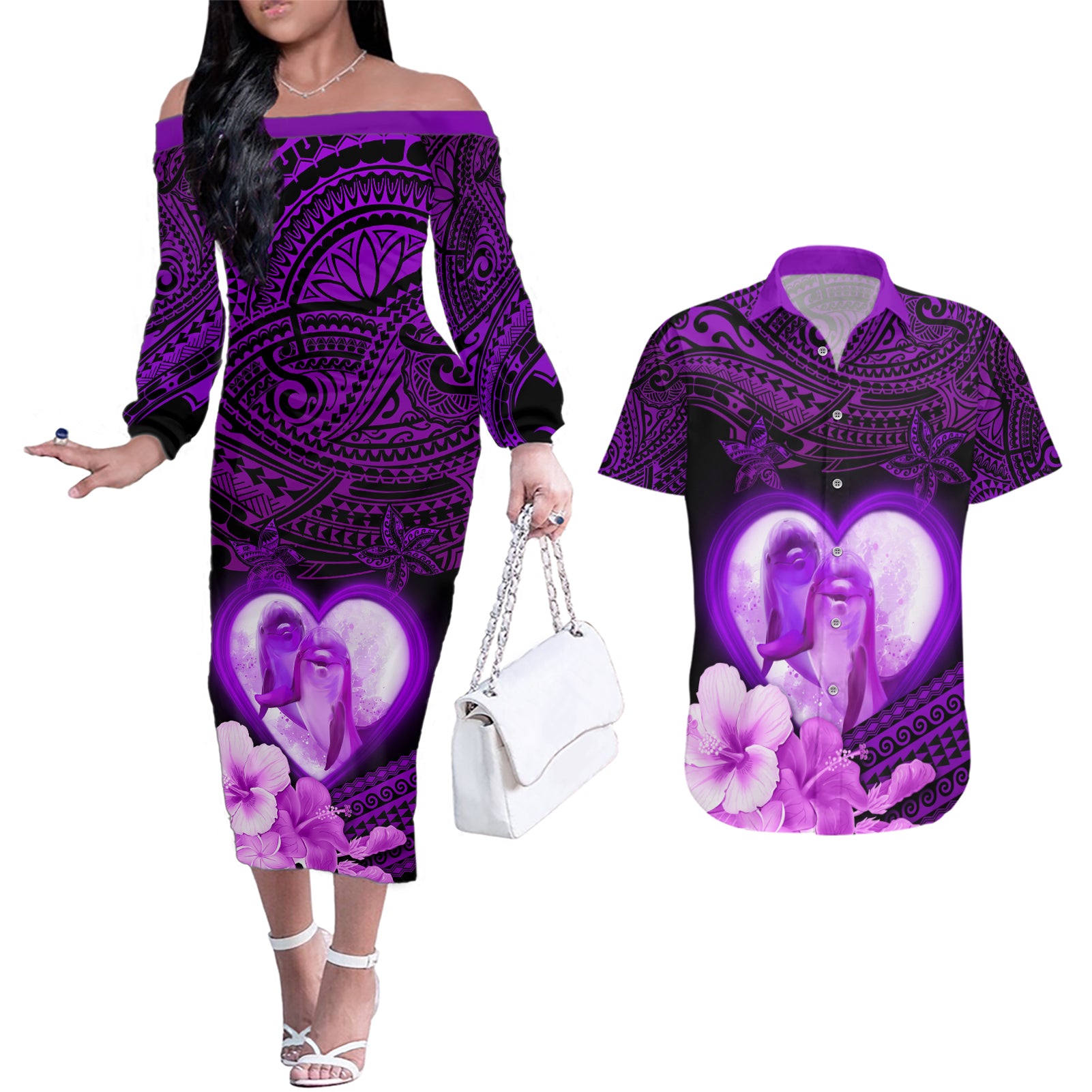 Dolphin Couple Love Story Valentine Day Couples Matching Off The Shoulder Long Sleeve Dress and Hawaiian Shirt With Polynesian Tribal Tattoo Purple Style LT03 Purple - Polynesian Pride