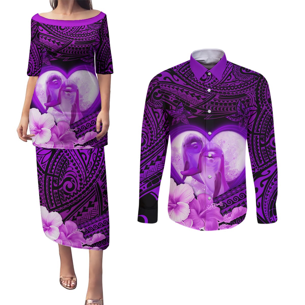 Dolphin Couple Love Story Valentine Day Couples Matching Puletasi and Long Sleeve Button Shirt With Polynesian Tribal Tattoo Purple Style LT03 Purple - Polynesian Pride