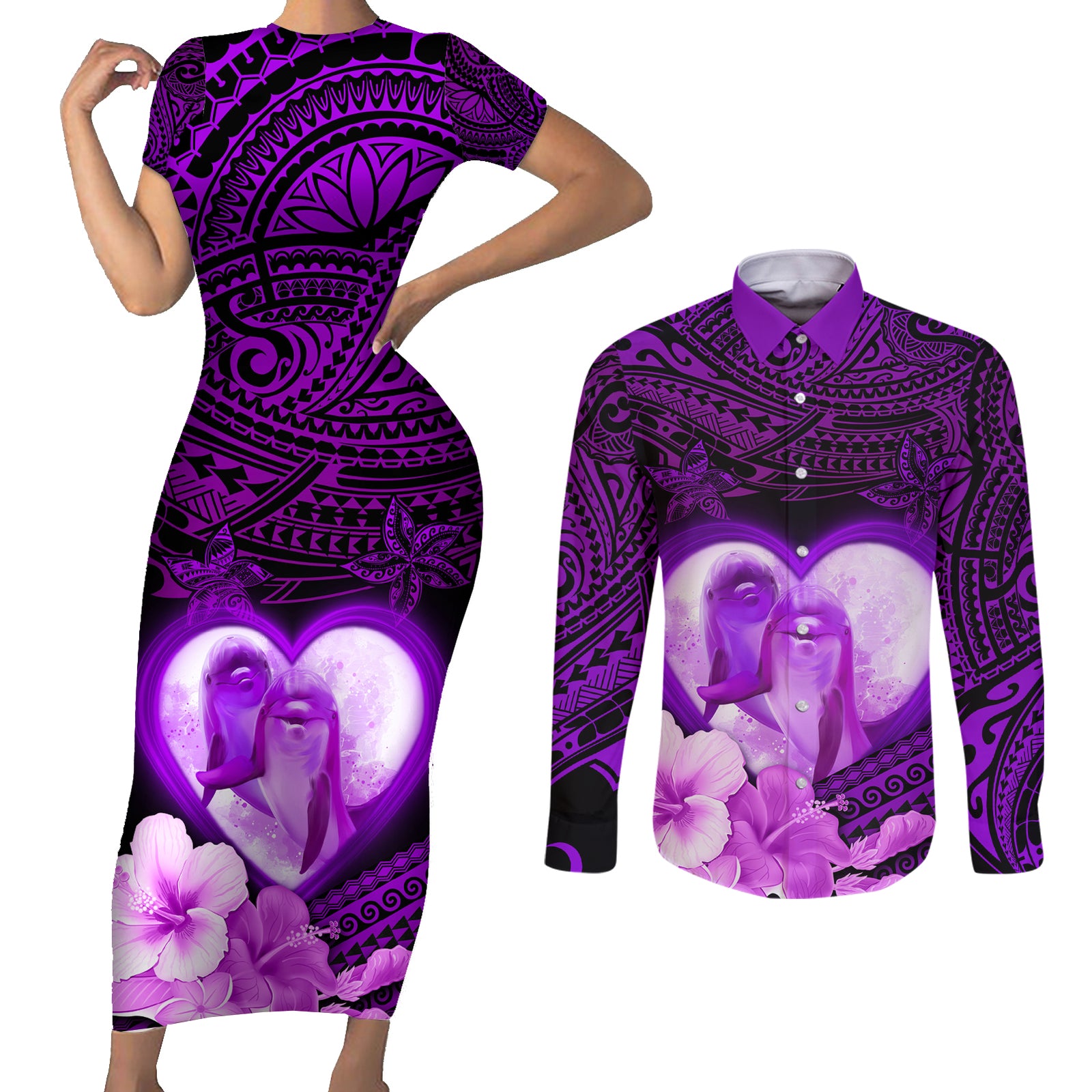 Dolphin Couple Love Story Valentine Day Couples Matching Short Sleeve Bodycon Dress and Long Sleeve Button Shirt With Polynesian Tribal Tattoo Purple Style LT03 Purple - Polynesian Pride