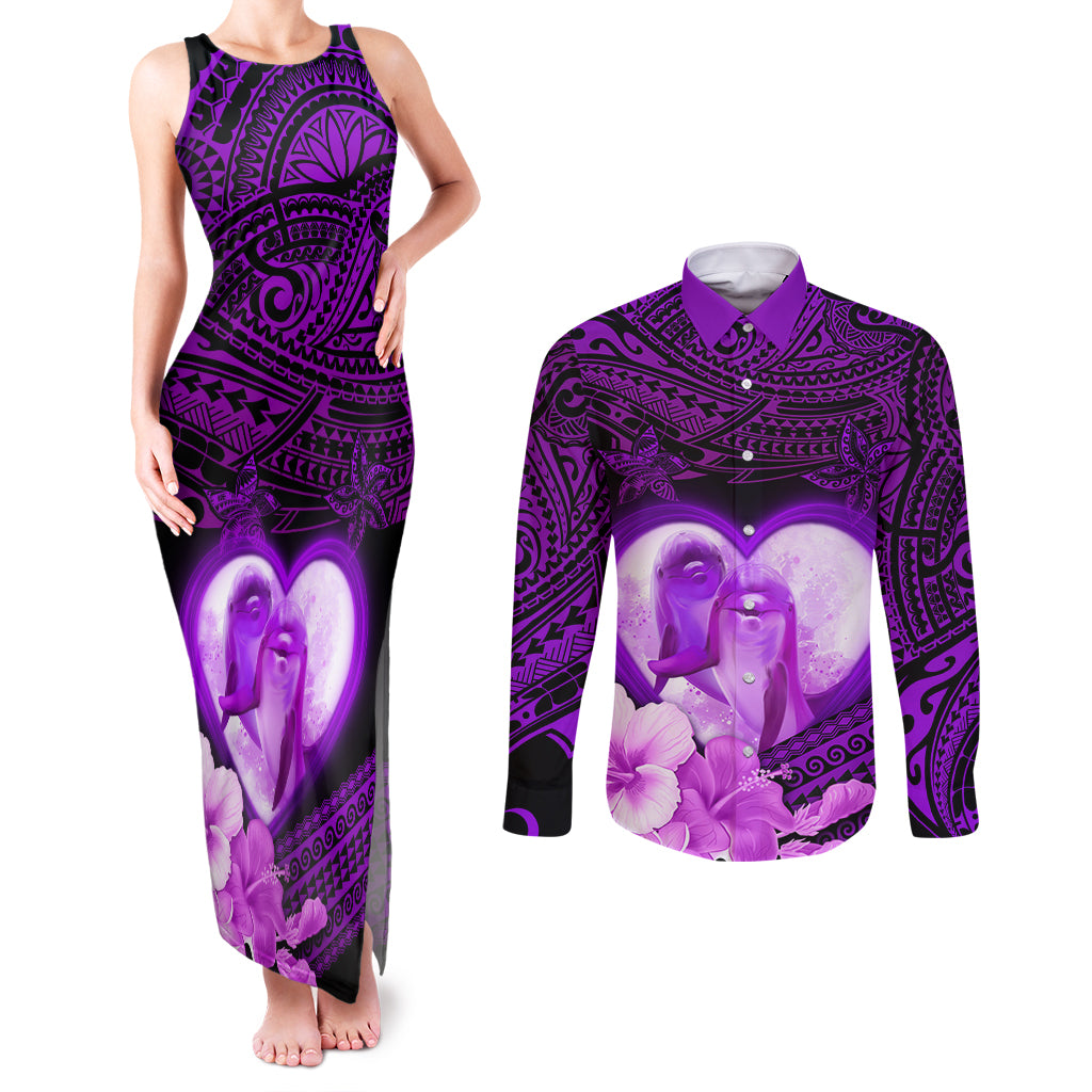 Dolphin Couple Love Story Valentine Day Couples Matching Tank Maxi Dress and Long Sleeve Button Shirt With Polynesian Tribal Tattoo Purple Style LT03 Purple - Polynesian Pride