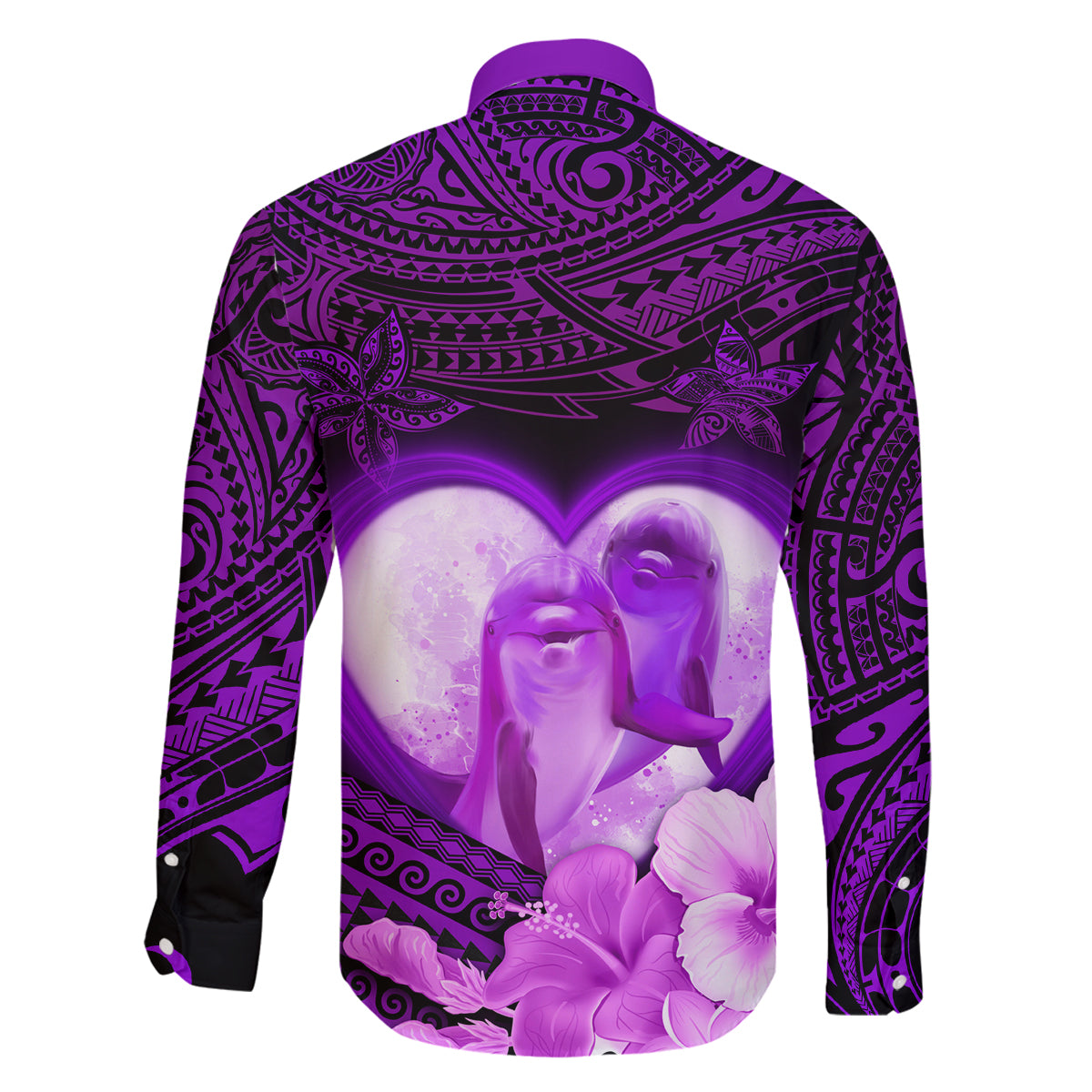 Dolphin Couple Love Story Valentine Day Family Matching Off Shoulder Long Sleeve Dress and Hawaiian Shirt With Polynesian Tribal Tattoo Purple Style LT03 - Polynesian Pride