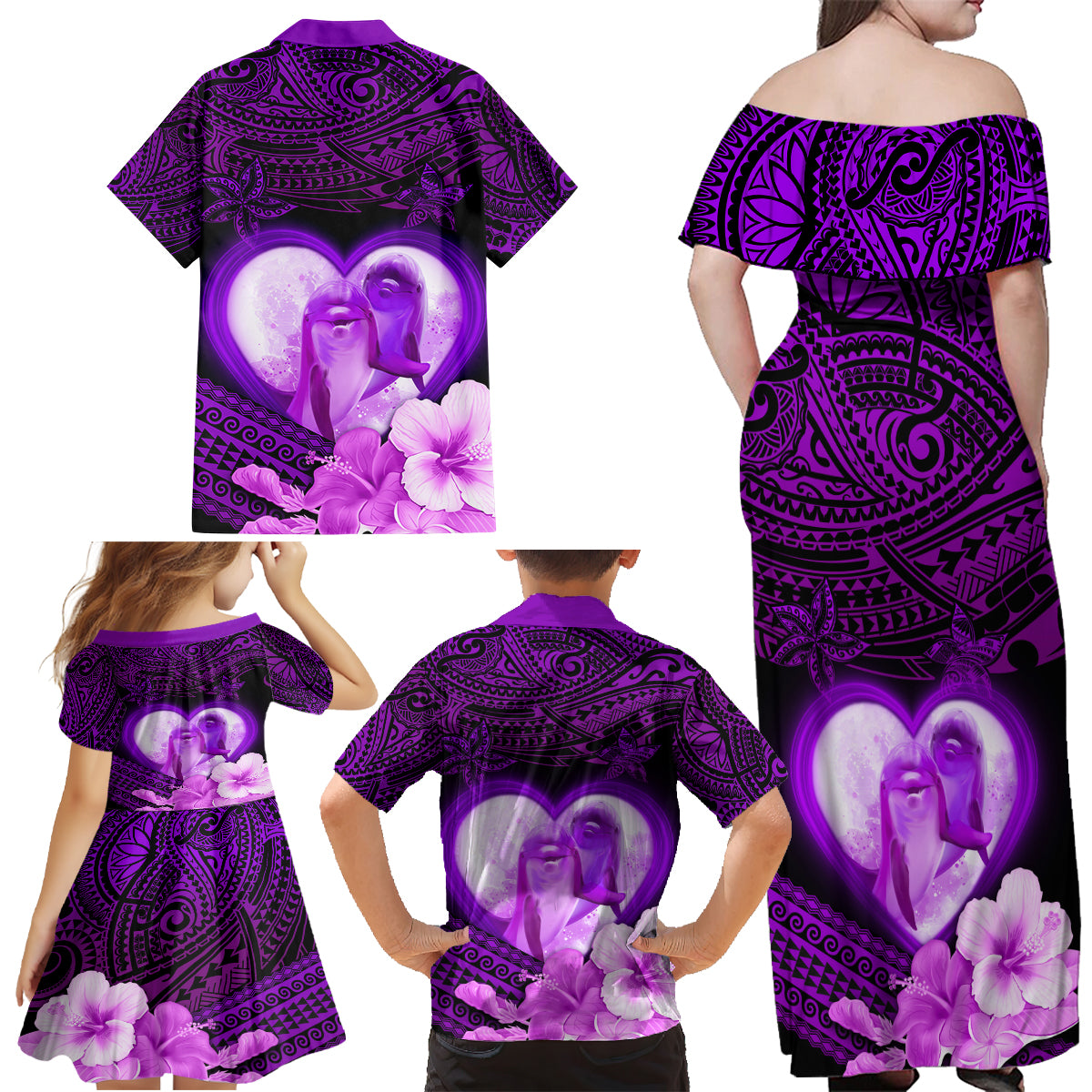 Dolphin Couple Love Story Valentine Day Family Matching Off Shoulder Maxi Dress and Hawaiian Shirt With Polynesian Tribal Tattoo Purple Style LT03 - Polynesian Pride