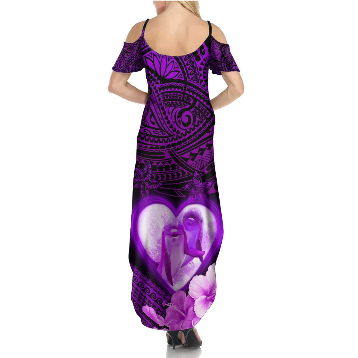 Dolphin Couple Love Story Valentine Day Family Matching Summer Maxi Dress and Hawaiian Shirt With Polynesian Tribal Tattoo Purple Style LT03 - Polynesian Pride