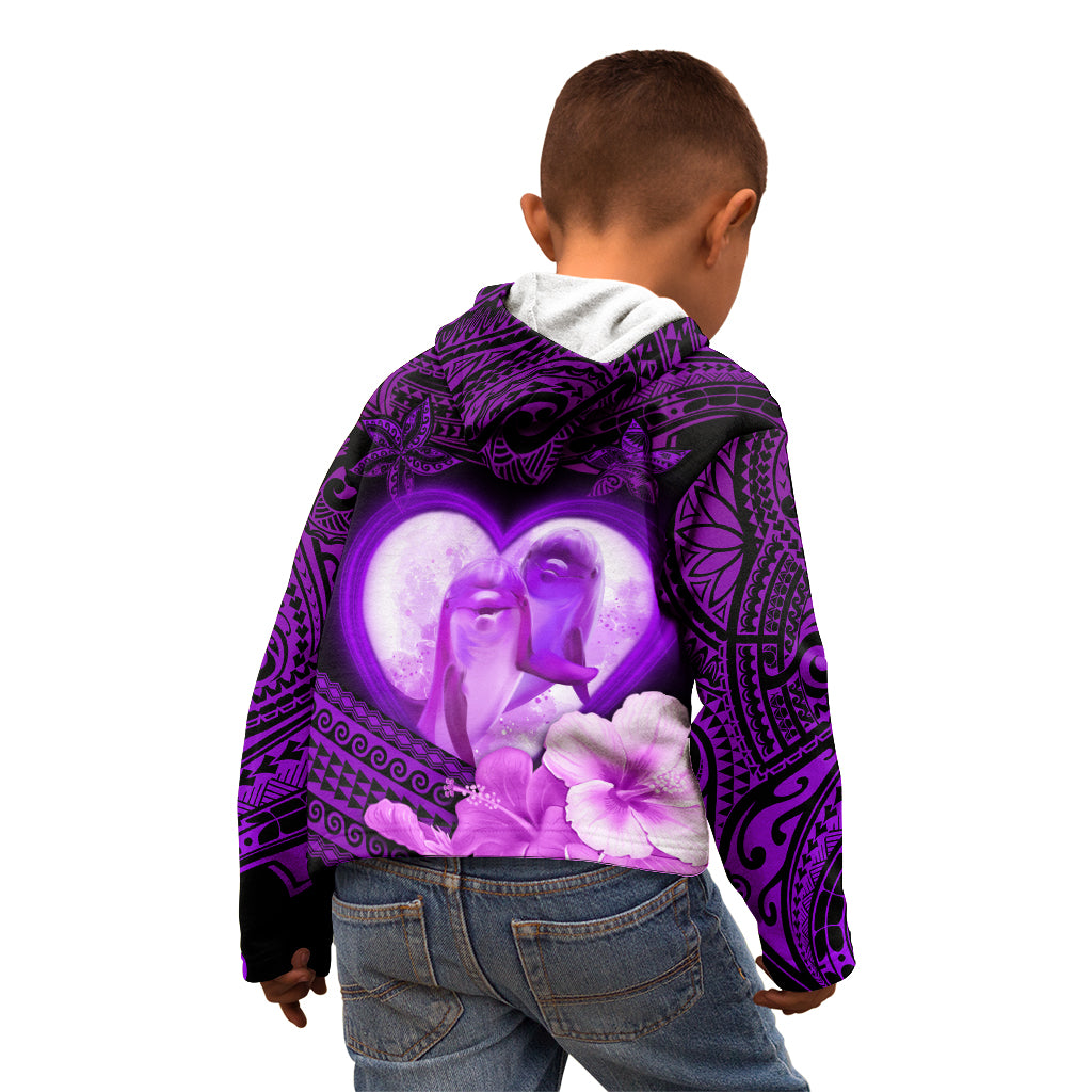 Dolphin Couple Love Story Valentine Day Kid Hoodie With Polynesian Tribal Tattoo Purple Style LT03 - Polynesian Pride