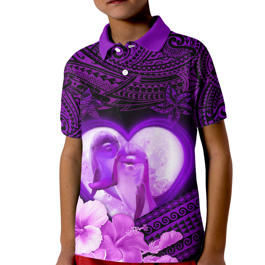 Dolphin Couple Love Story Valentine Day Kid Polo Shirt With Polynesian Tribal Tattoo Purple Style LT03 Kid Purple - Polynesian Pride