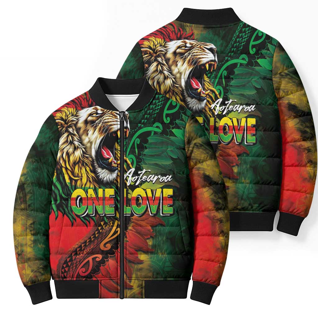 Aotearoa One Love Bomber Puffer Jacket Reggae Lion with Kakahu Huruhuru