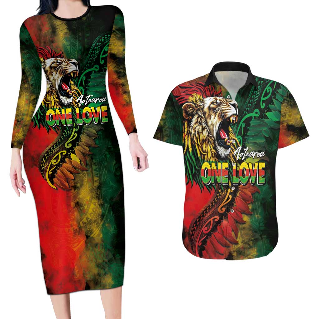 Aotearoa One Love Couples Matching Long Sleeve Bodycon Dress and Hawaiian Shirt Reggae Lion with Kakahu Huruhuru LT03 Black - Polynesian Pride