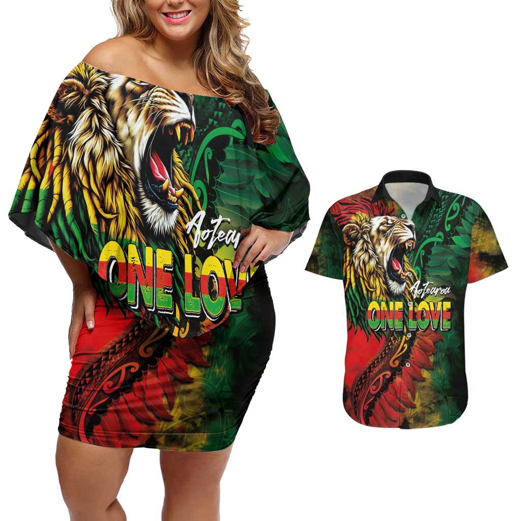 Aotearoa One Love Couples Matching Off Shoulder Short Dress and Hawaiian Shirt Reggae Lion with Kakahu Huruhuru