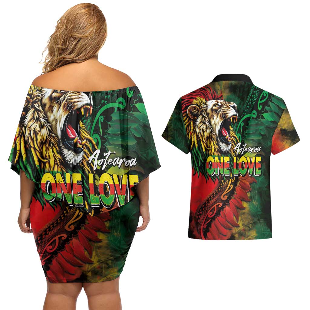 Aotearoa One Love Couples Matching Off Shoulder Short Dress and Hawaiian Shirt Reggae Lion with Kakahu Huruhuru