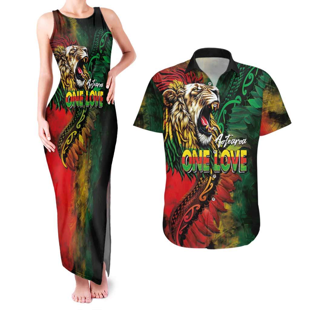 Aotearoa One Love Couples Matching Tank Maxi Dress and Hawaiian Shirt Reggae Lion with Kakahu Huruhuru