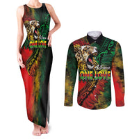 Aotearoa One Love Couples Matching Tank Maxi Dress and Long Sleeve Button Shirt Reggae Lion with Kakahu Huruhuru LT03 Black - Polynesian Pride