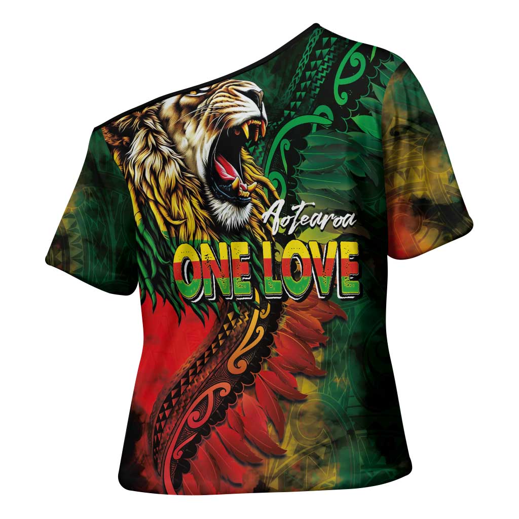 Aotearoa One Love Cross Shoulder Shirt Reggae Lion with Kakahu Huruhuru