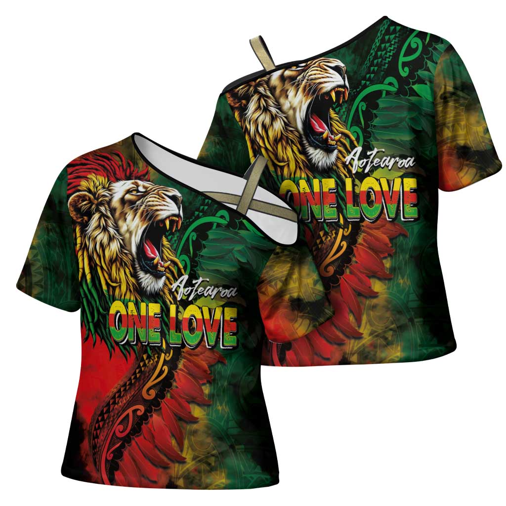 Aotearoa One Love Cross Shoulder Shirt Reggae Lion with Kakahu Huruhuru