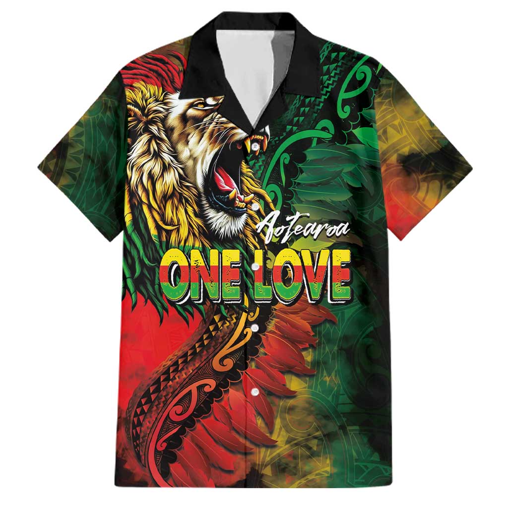 Aotearoa One Love Family Matching Long Sleeve Bodycon Dress and Hawaiian Shirt Reggae Lion with Kakahu Huruhuru LT03 Dad's Shirt - Short Sleeve Black - Polynesian Pride