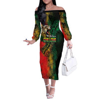 Aotearoa One Love Family Matching Off The Shoulder Long Sleeve Dress and Hawaiian Shirt Reggae Lion with Kakahu Huruhuru LT03 Mom's Dress Black - Polynesian Pride