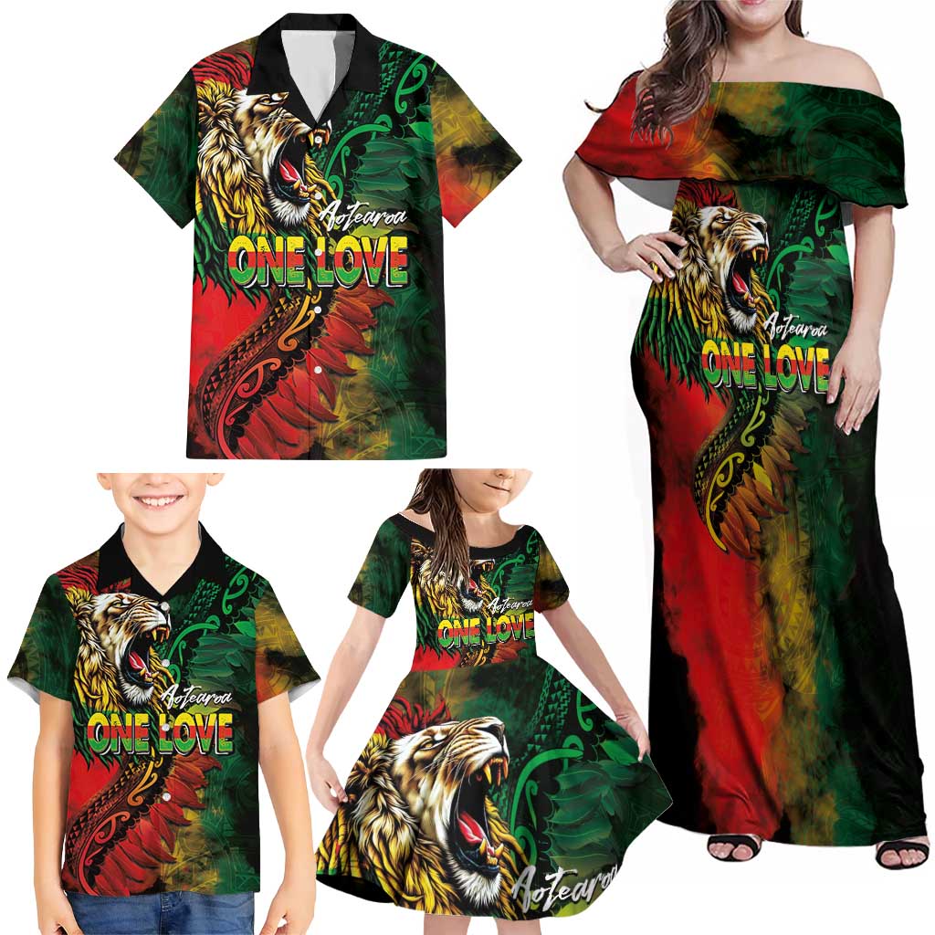Aotearoa One Love Family Matching Off Shoulder Maxi Dress and Hawaiian Shirt Reggae Lion with Kakahu Huruhuru