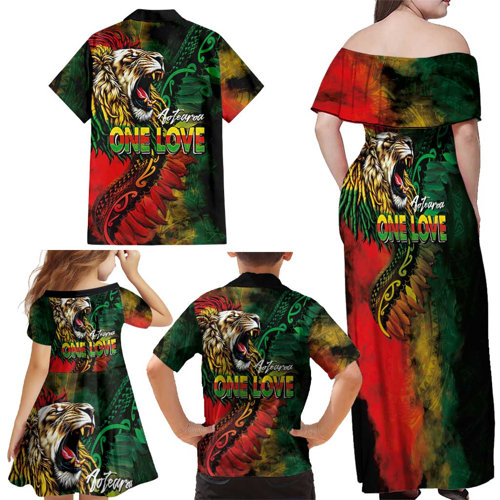 Aotearoa One Love Family Matching Off Shoulder Maxi Dress and Hawaiian Shirt Reggae Lion with Kakahu Huruhuru LT03 - Polynesian Pride