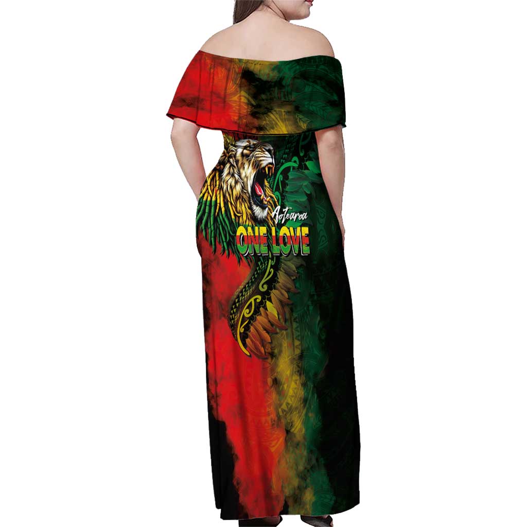 Aotearoa One Love Family Matching Off Shoulder Maxi Dress and Hawaiian Shirt Reggae Lion with Kakahu Huruhuru LT03 - Polynesian Pride