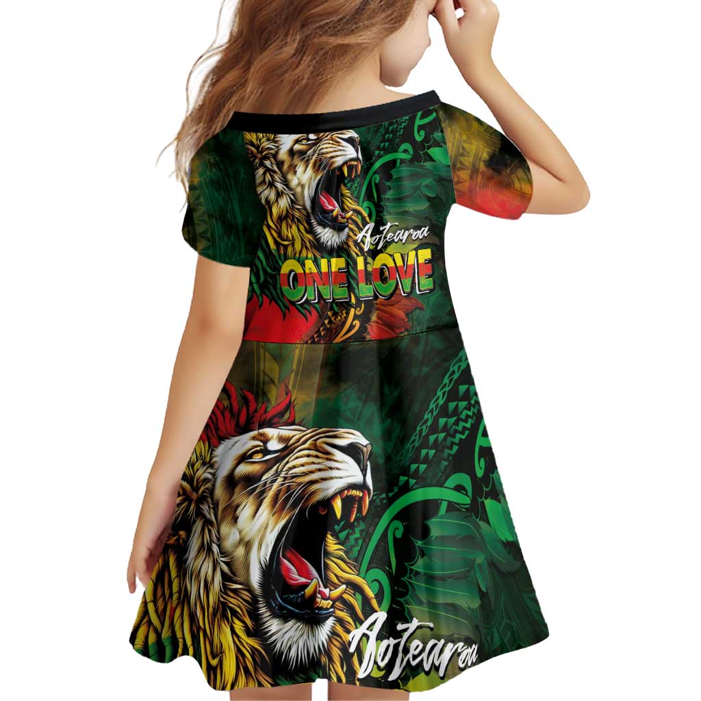 Aotearoa One Love Family Matching Off Shoulder Short Dress and Hawaiian Shirt Reggae Lion with Kakahu Huruhuru LT03 - Polynesian Pride