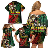 Aotearoa One Love Family Matching Off Shoulder Short Dress and Hawaiian Shirt Reggae Lion with Kakahu Huruhuru LT03 - Polynesian Pride
