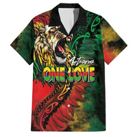 Aotearoa One Love Family Matching Off Shoulder Short Dress and Hawaiian Shirt Reggae Lion with Kakahu Huruhuru LT03 Dad's Shirt - Short Sleeve Black - Polynesian Pride