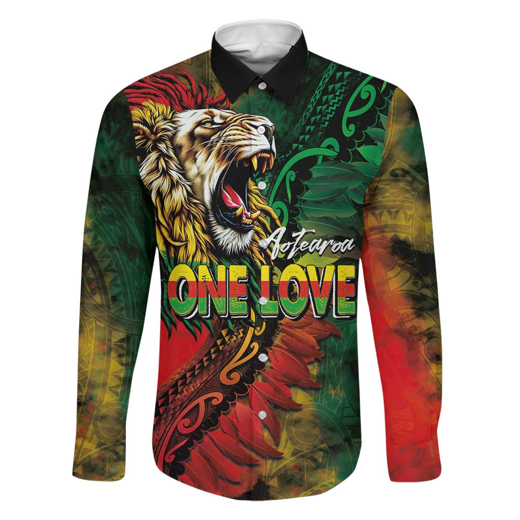 Aotearoa One Love Family Matching Off Shoulder Short Dress and Hawaiian Shirt Reggae Lion with Kakahu Huruhuru LT03 Dad's Shirt - Long Sleeve Black - Polynesian Pride