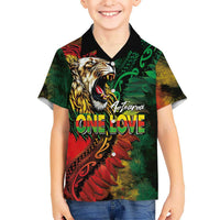Aotearoa One Love Family Matching Short Sleeve Bodycon Dress and Hawaiian Shirt Reggae Lion with Kakahu Huruhuru LT03 Son's Shirt Black - Polynesian Pride