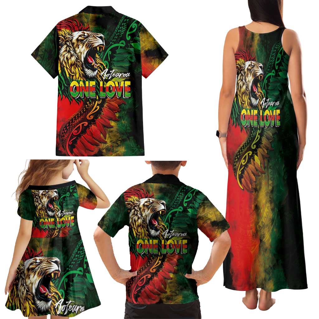 Aotearoa One Love Family Matching Tank Maxi Dress and Hawaiian Shirt Reggae Lion with Kakahu Huruhuru LT03 - Polynesian Pride
