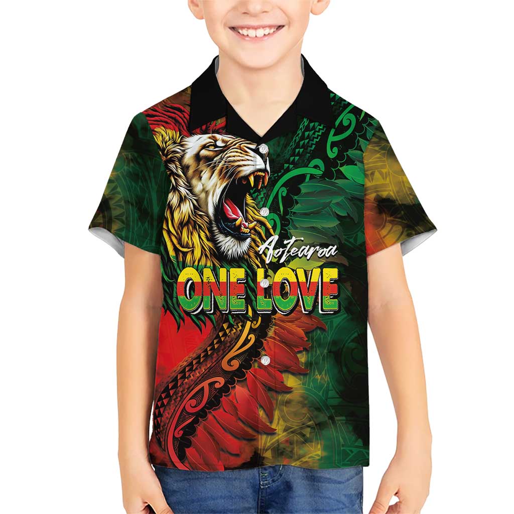 Aotearoa One Love Kid Hawaiian Shirt Reggae Lion with Kakahu Huruhuru