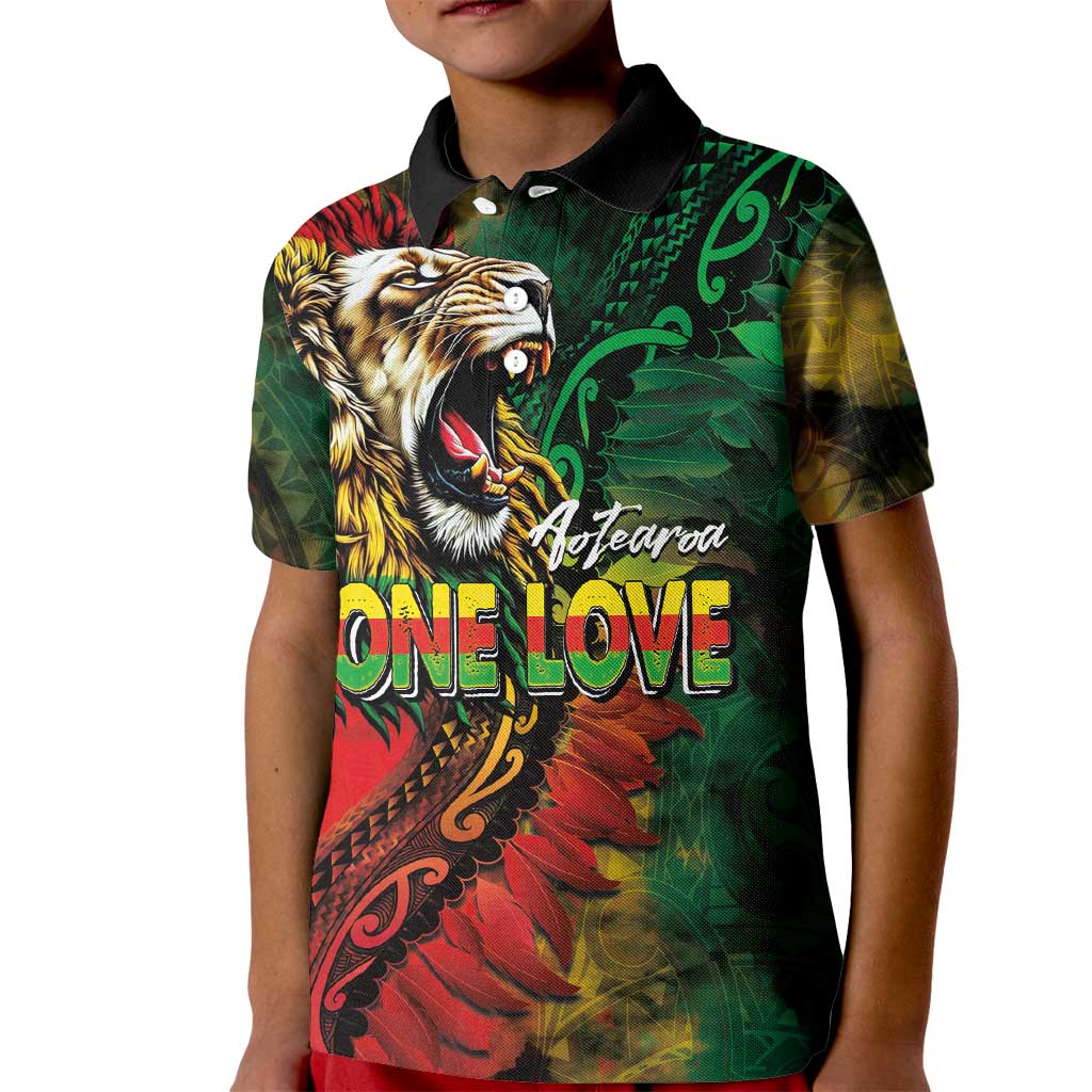 Aotearoa One Love Kid Polo Shirt Reggae Lion with Kakahu Huruhuru