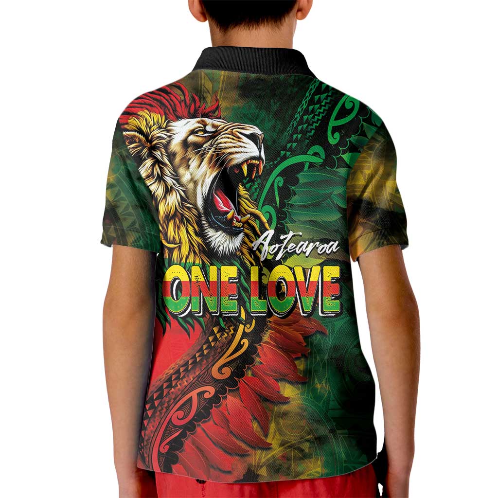 Aotearoa One Love Kid Polo Shirt Reggae Lion with Kakahu Huruhuru