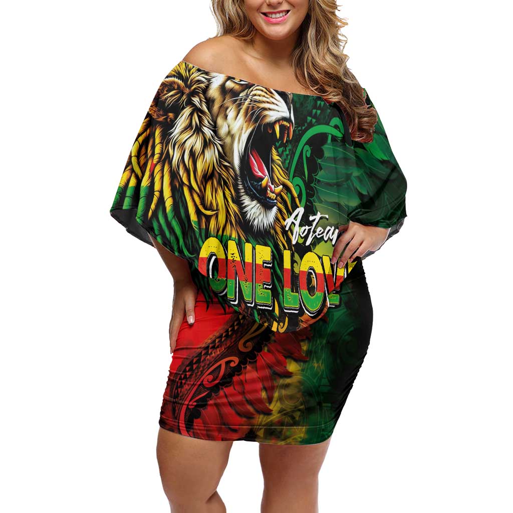 Aotearoa One Love Off Shoulder Short Dress Reggae Lion with Kakahu Huruhuru