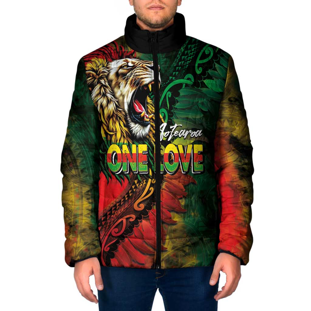 Aotearoa One Love Padded Jacket Reggae Lion with Kakahu Huruhuru