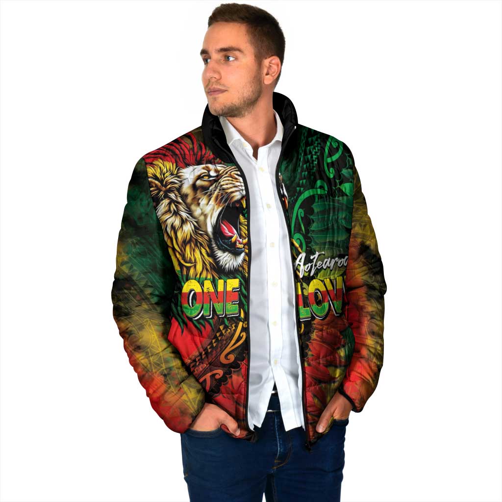 Aotearoa One Love Padded Jacket Reggae Lion with Kakahu Huruhuru