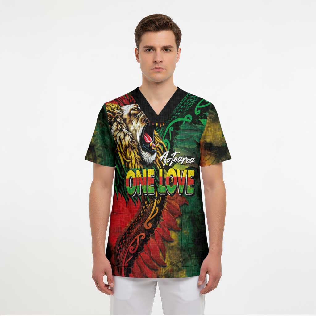Aotearoa One Love Scrub Top Reggae Lion with Kakahu Huruhuru