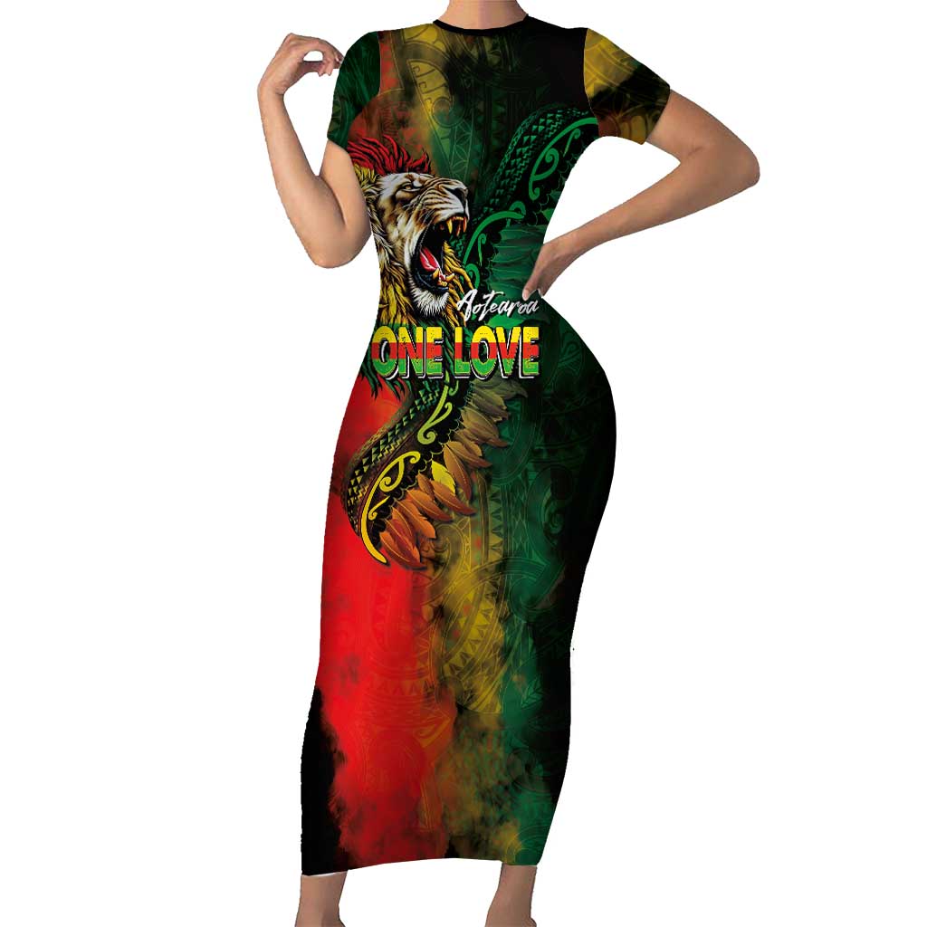 Aotearoa One Love Short Sleeve Bodycon Dress Reggae Lion with Kakahu Huruhuru